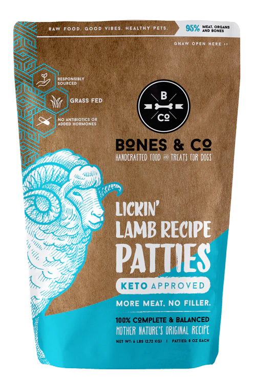Bones & Co. Frozen Lickin' Lamb Patties for Dogs, 6lb bag of 8oz patties