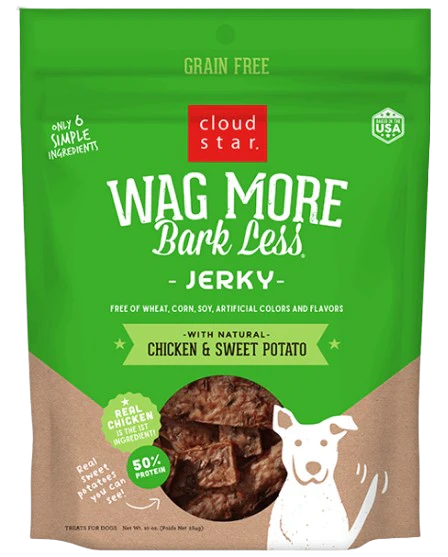 Cloud Star Wag More Bark Less Jerky Grain Free Dog Treats, Chicken & Sweet Potato, 10oz