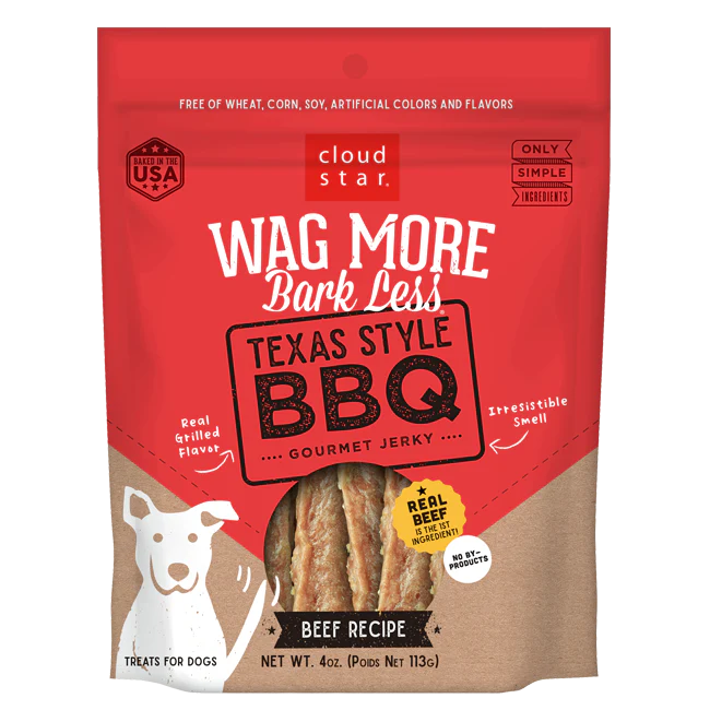 Cloud Star Wag More Bark Less Grain Free Texas Style BBQ Jerky, Beed Recipe Dog Treats, 10oz