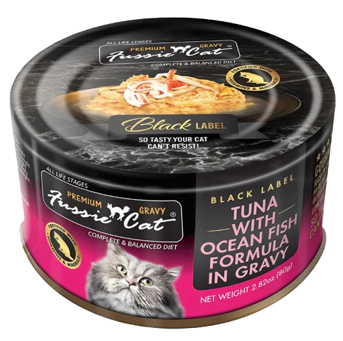 Fussie Cat Premium Black Label Tuna with Ocean Fish Formula in Gravy Recipe Canned Cat Food, 2.82oz