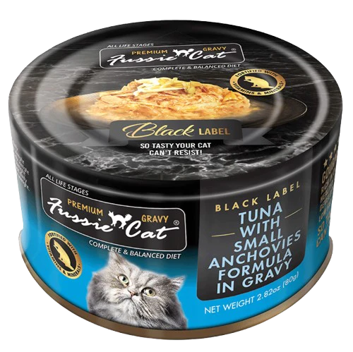 Fussie Cat Premium Black Label Tuna with Small Anchovies Formula in Gravy Recipe Canned Cat Food, 2.82oz