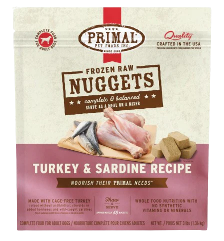 Primal Frozen Raw Nuggets for Dogs, Turkey, 3lbs