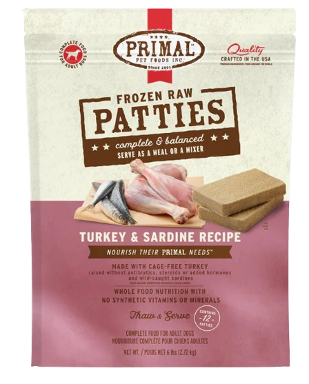 Primal Frozen Raw Patties for Dogs, Turkey & Sardines, 6lbs