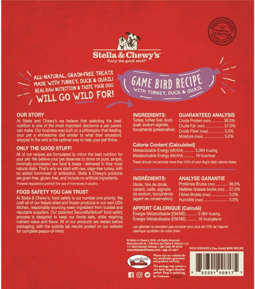 Stella & Chewy's Wild Weenies Grain Free Game Bird Recipe Freeze Dried Raw Dog Treats - Image 3
