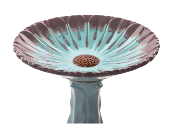22"H Aster Birdbath Blue With Grey Rim, Blue Base
