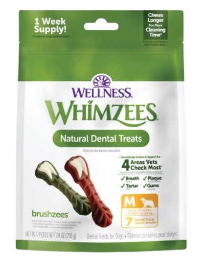Wellness WHIMZEES Brushzees Medium Breed Dental Dog Treats, 7 Count